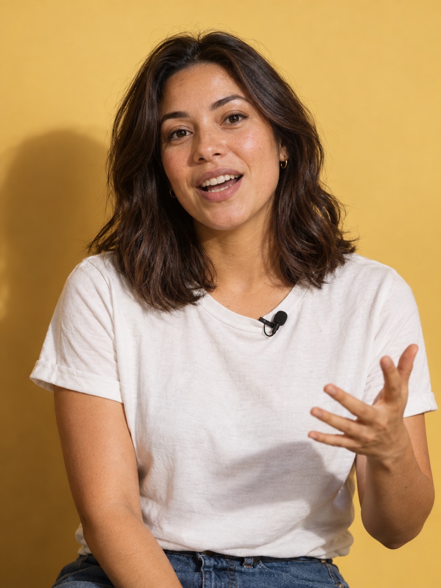 Illustrative creator mid-yap, speaking to camera